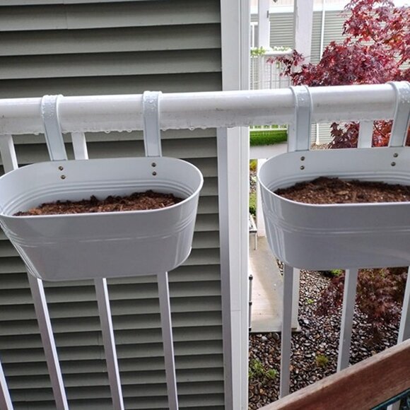 NEW 2 Pack, 11.8 Inch Metal Iron Hanging Flower Pot Deck Railings White - Picture 2 of 9
